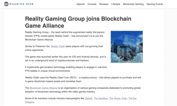 Reality Gaming Group joins Blockchain Game Alliance