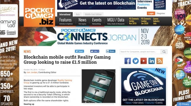 Blockchain mobile outfit Reality Gaming Group looking to raise £1.5 million